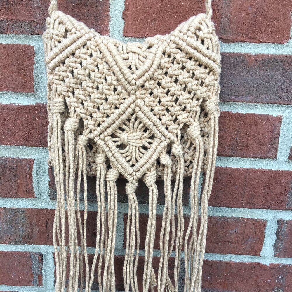 Crochet Crossbody Purse Tan Fringe Small Boho Festival